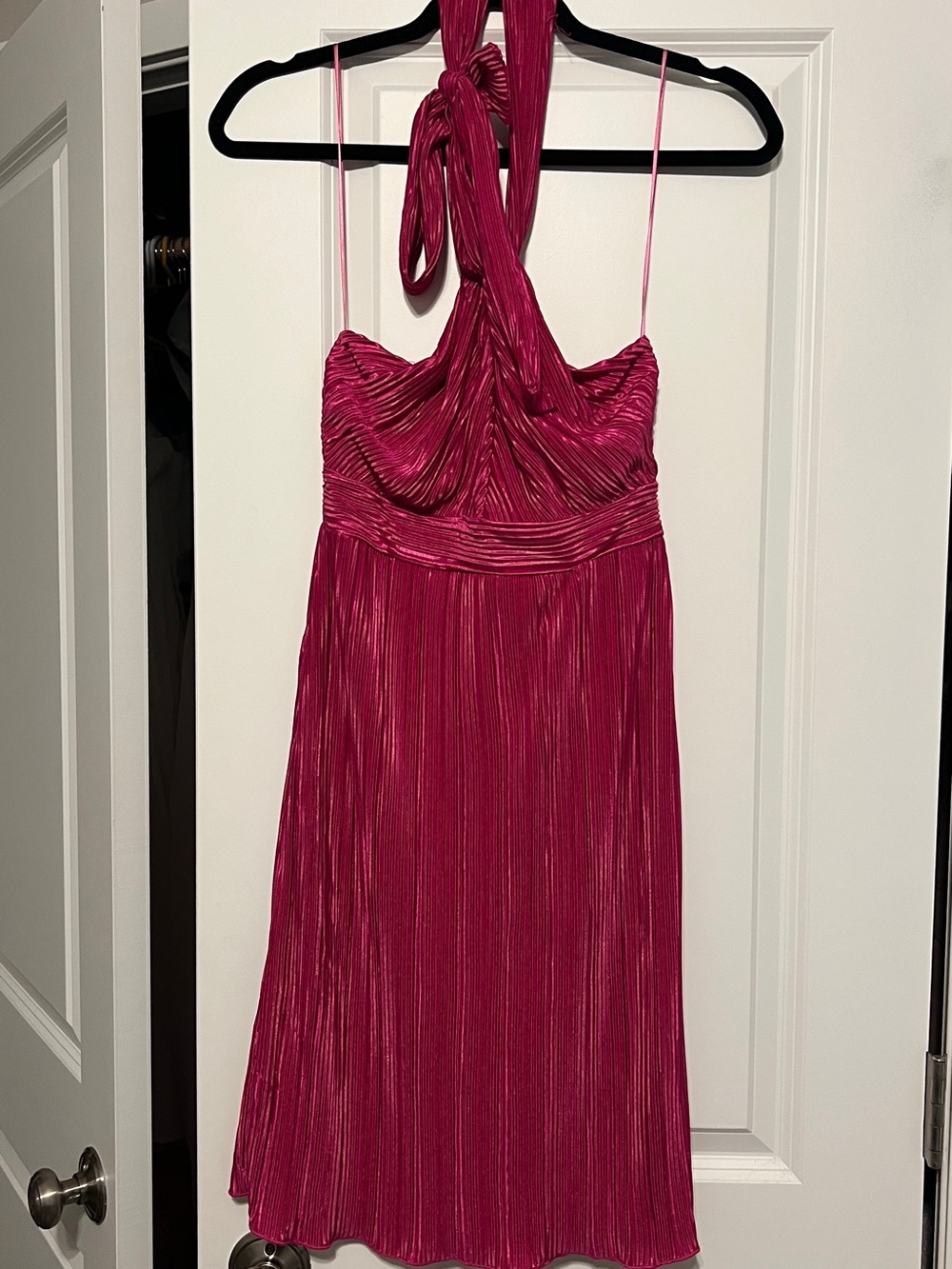 Magenta Halter Pleated Midi Dress